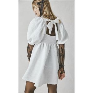 Free People White Babydoll Mini Dress Violet Square Neck Short Puff Sleeves